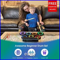 7-Pad Electric Drum Set with Headphones, Roll-Up Drum Pad for Kids, Dual Speaker