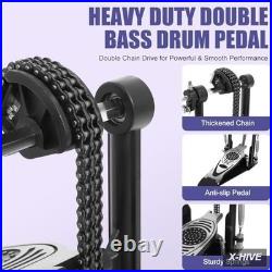 Bass Drum Pedals Steel, Rubber Double Pedal Heavy Duty Chain Drive Kick