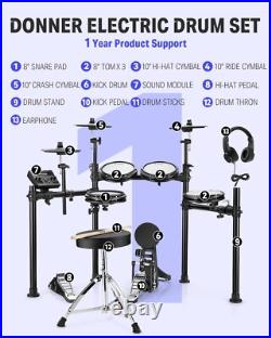 Donner DED-200 Electric Drum Kit Set Quiet Mesh Pads Dual Zone Snare With Throne
