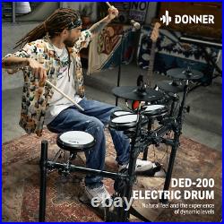 Donner DED-200 Electric Drum Set 4 Cymbal Quiet Mesh Pad Dual Zone Snare +Throne