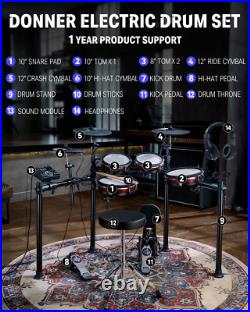 Donner DED-200 Max Electric Drum Set With Throne Headphones Dual Zone Quiet Pads