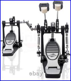 Double Bass Drum Pedal Heavy-Duty Foot Board Set, Twin Chain with Quad Beaters
