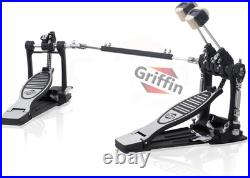 Double Bass Drum Pedal Heavy-Duty Foot Board Set, Twin Chain with Quad Beaters